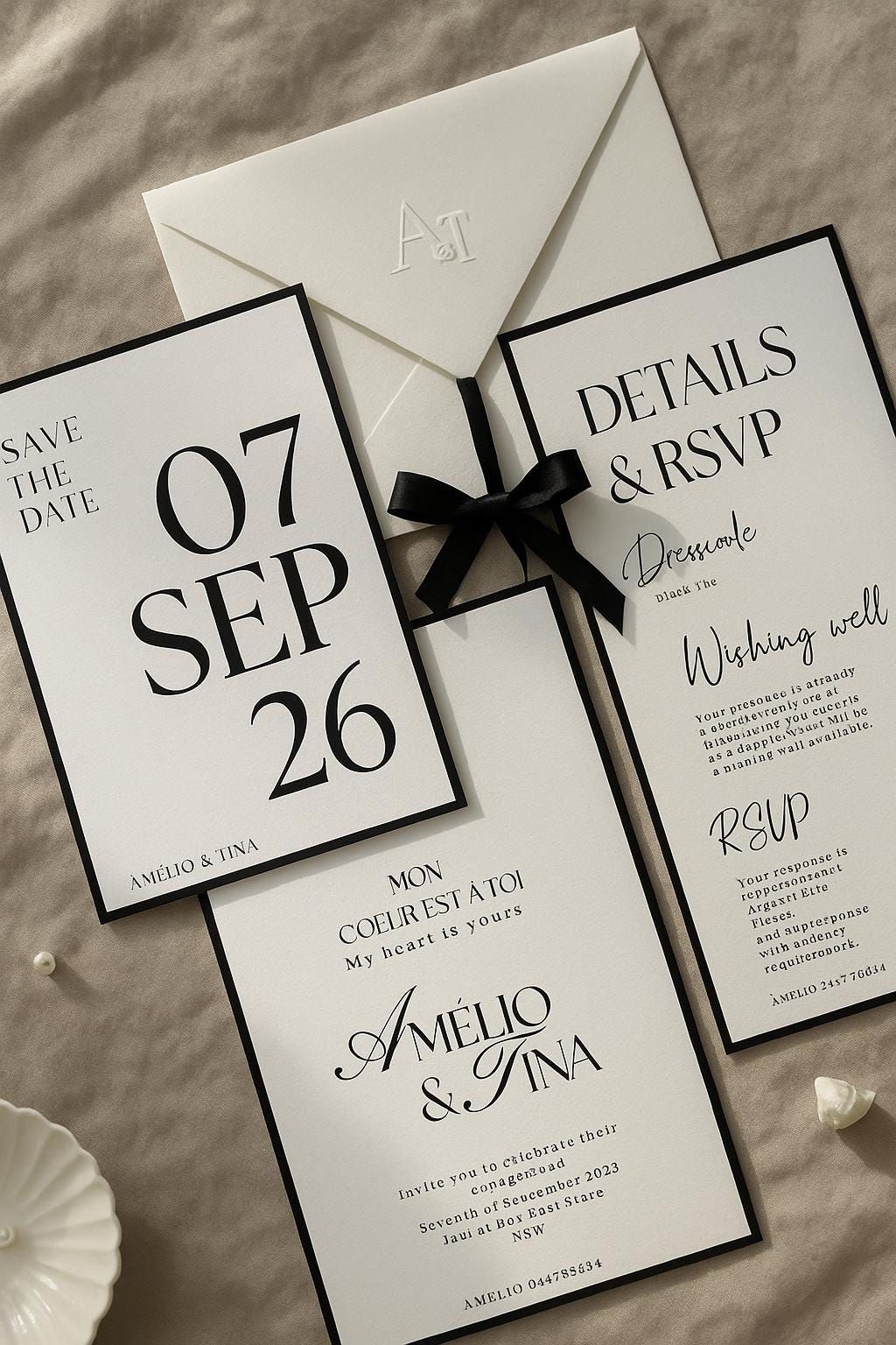 Ensemble de faire-part de mariage élégant | Noir et blanc (modèle canva modifiable) | Réservez votre date