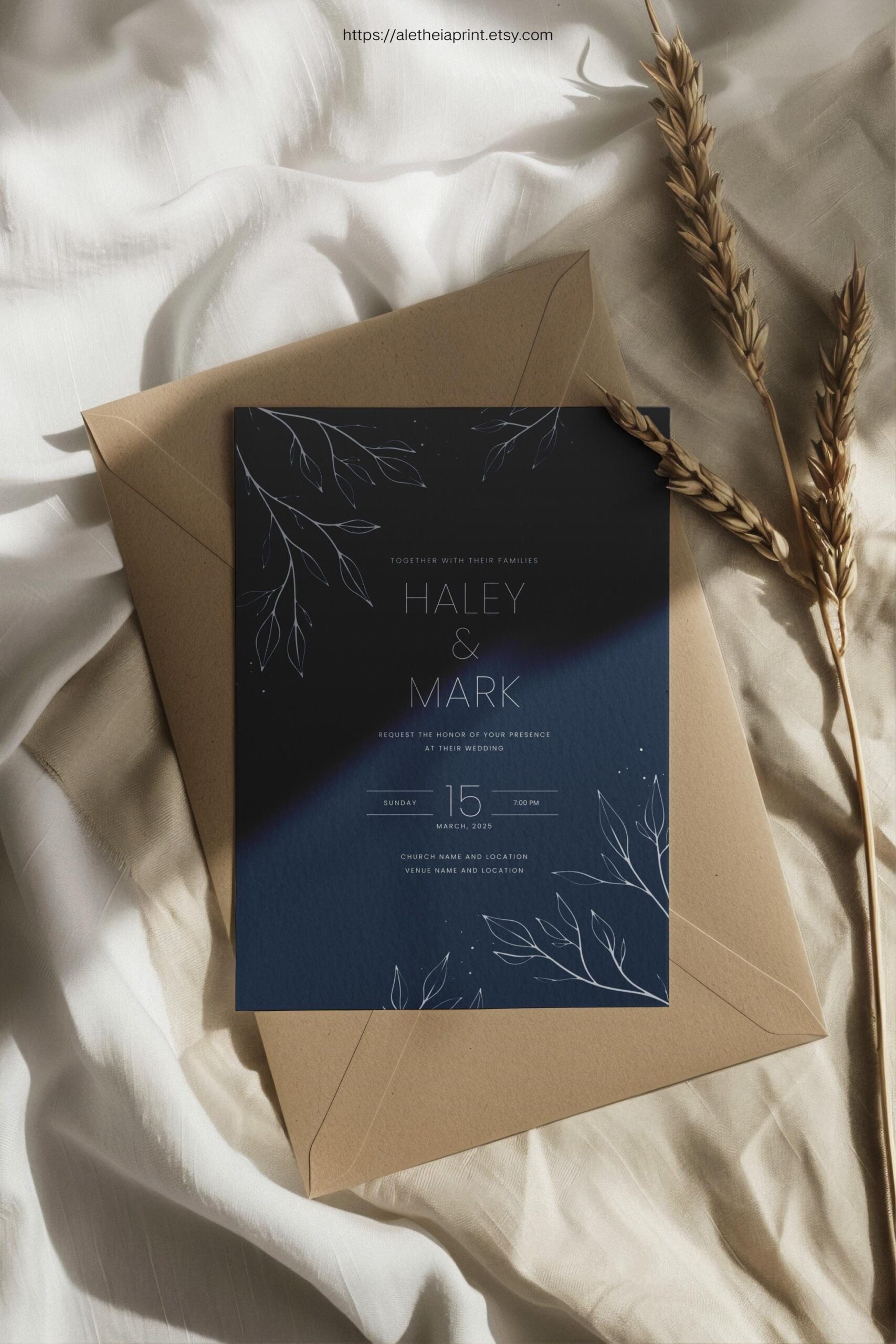 Editable wedding invitation, Blue Wedding Invitation Template Canva, Minimal