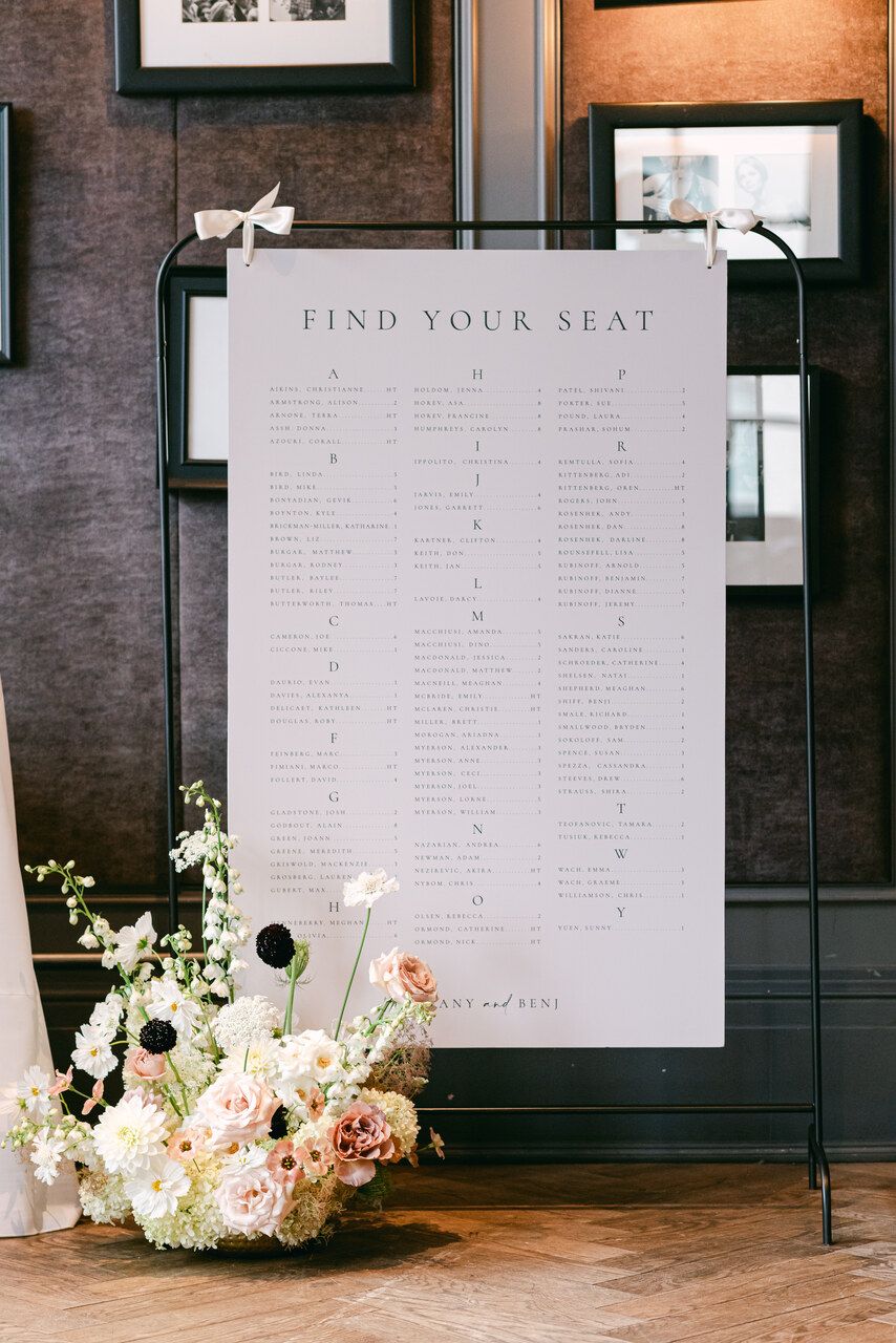 Modern Loft Wedding Seating Chart with Blush and White Florals