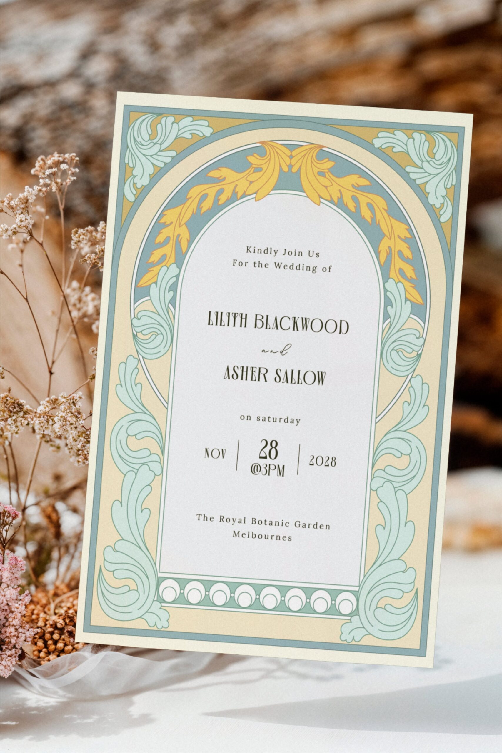 Vintage Botanical Art Nouveau Wedding Invitation Template Editable