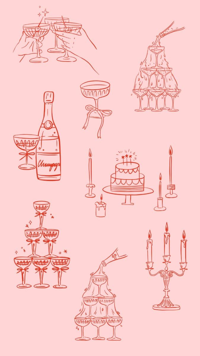 Elegant Celebration Illustrations — Champagne, Cake, and Candle Line Art