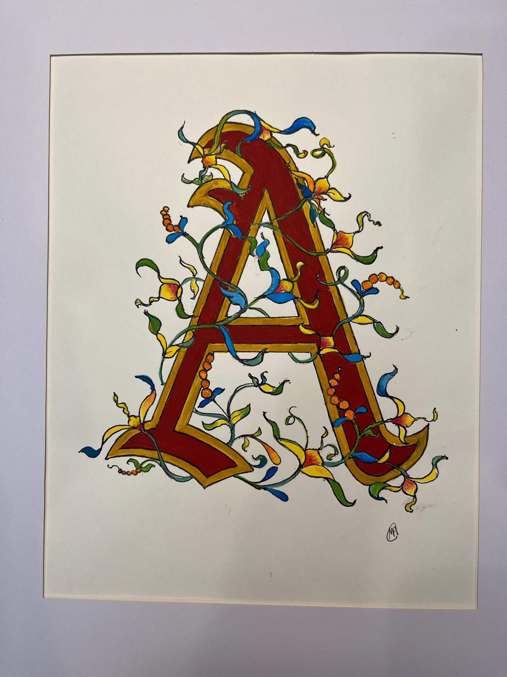 Illuminated Letter «A»,  Hand Painted Old English Script, Original Design