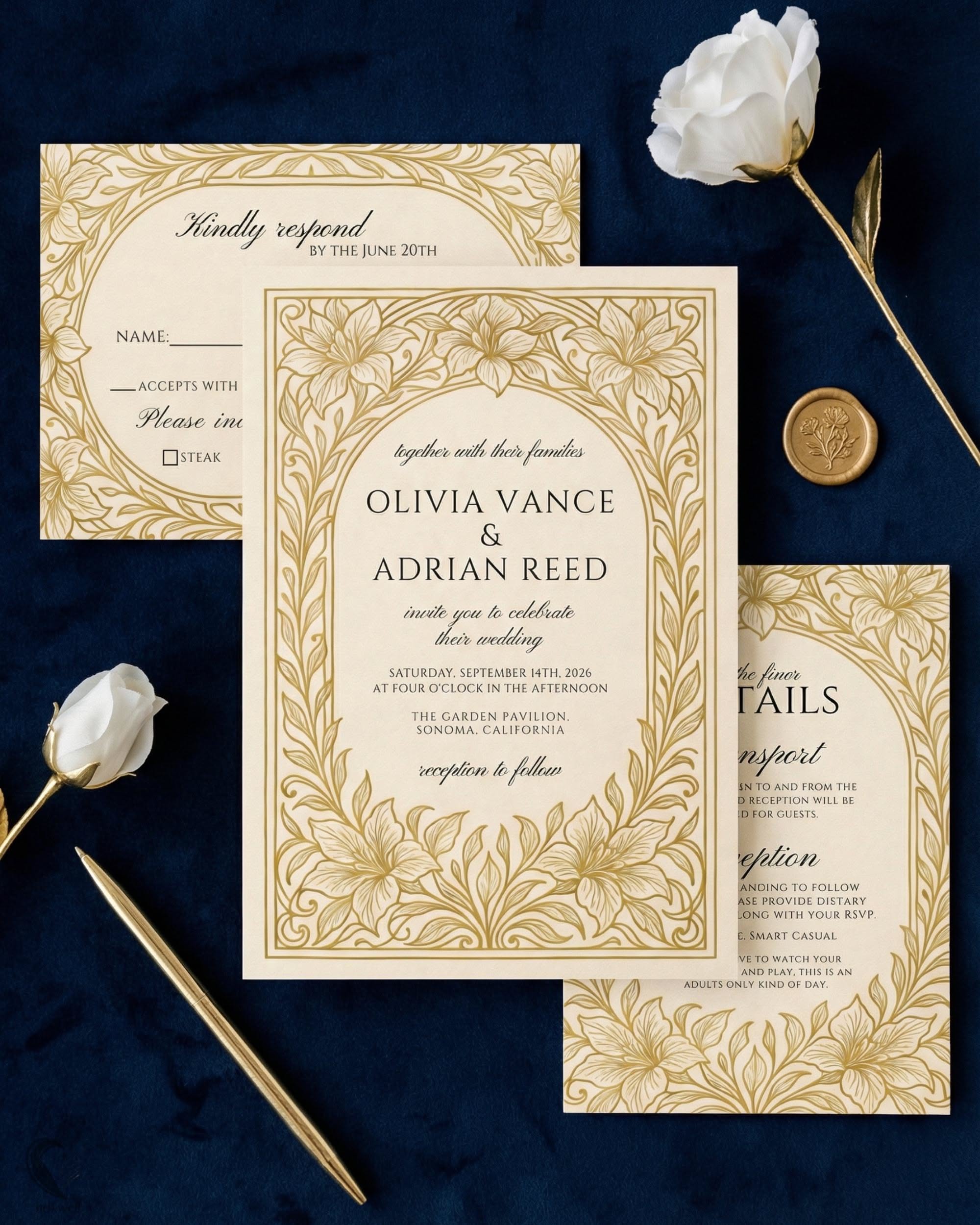 Modèle d’invitation de mariage floral doré, élégante suite de mariage Art nouveau, ensemble d’invitations de mariage modifiable avec RSVP, mariage botanique de luxe