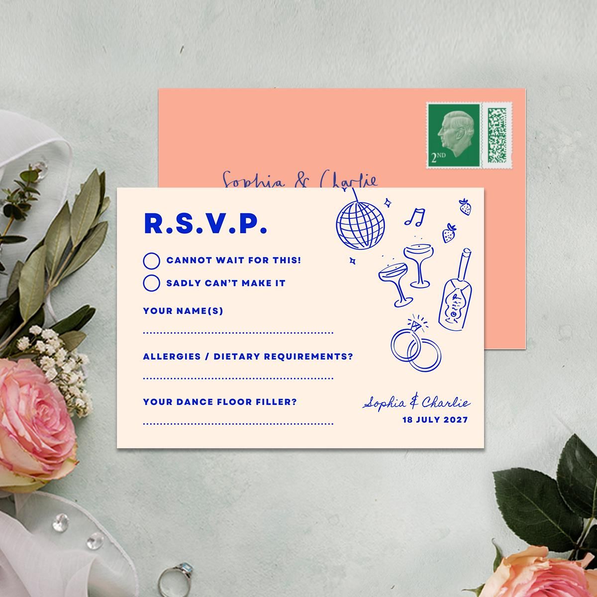 Carte RSVP, téléchargement numérique, illustration de griffonnage, mariage d’ambiance détendue, modèle canva