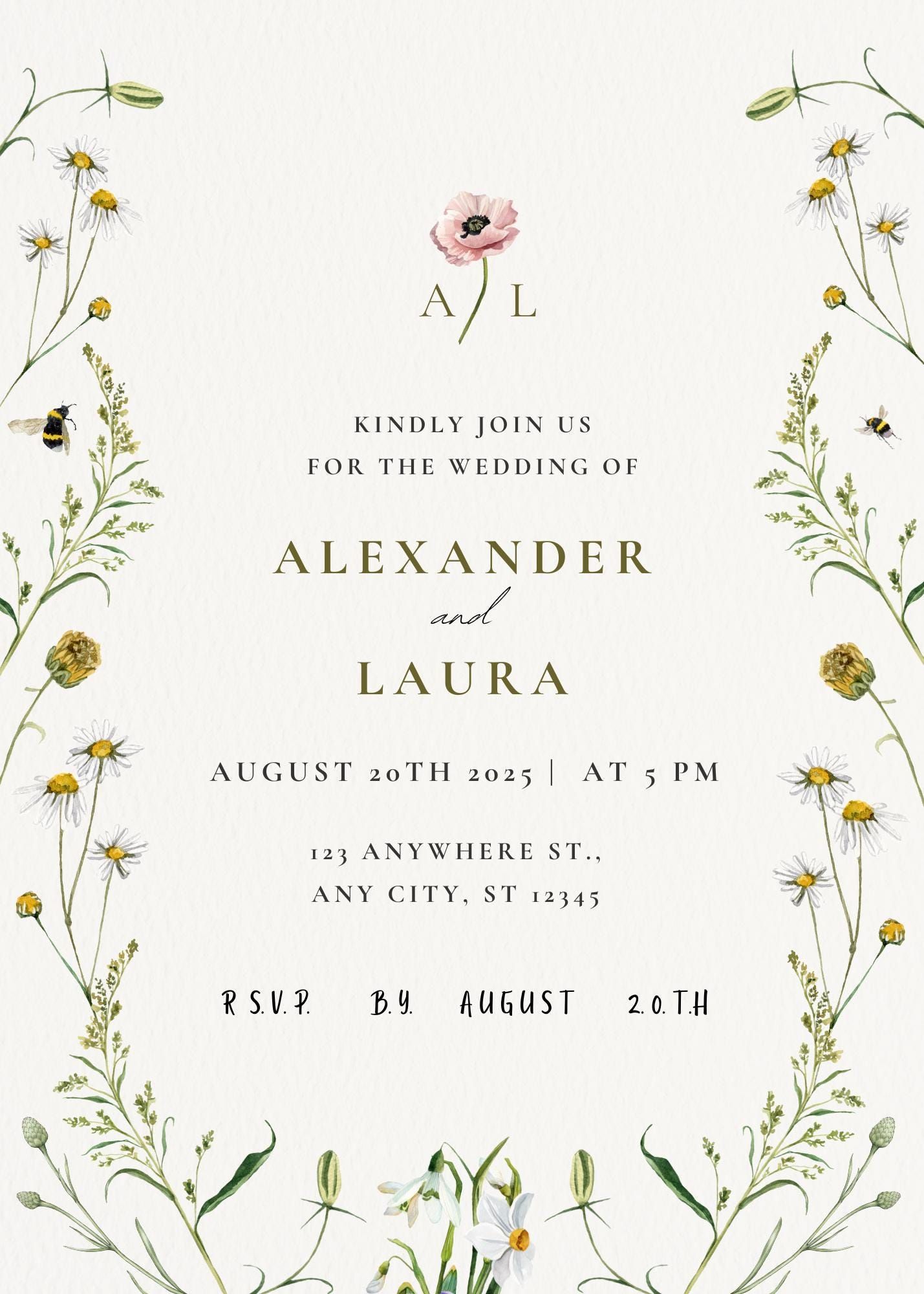 Modèle d’invitation de mariage numérique aquarelle florale (modifiable)