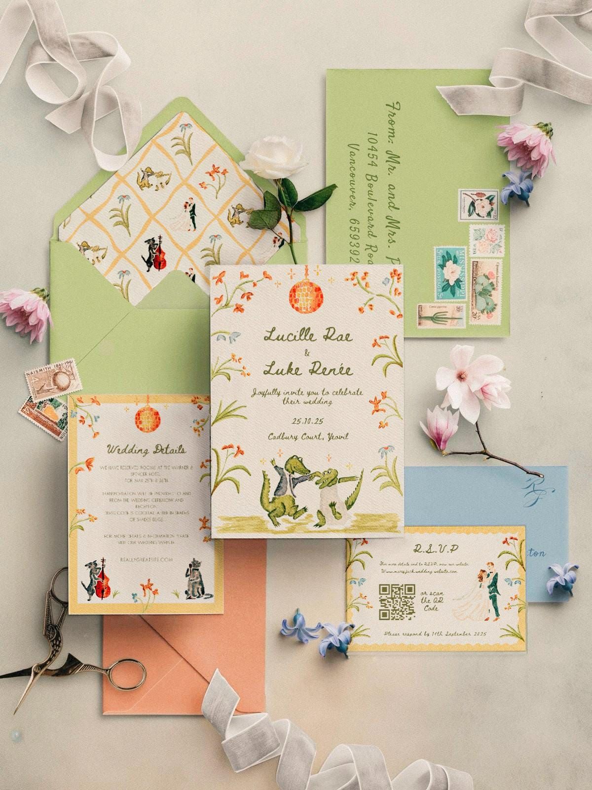 Suite de faire-part de mariage personnalisée peinte à la main — Ensemble de conception illustrée sur mesure (fichiers numériques uniquement)