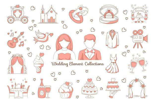 Wedding element set with colored hand drawn lineal doodle design | Premium
