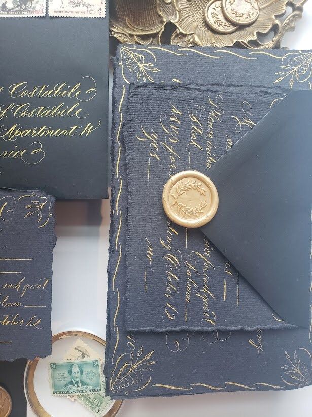 Handwritten invitations on handmade paper with gold calligraphy, classic invitation hand lettered calligraphy, engagement announcement