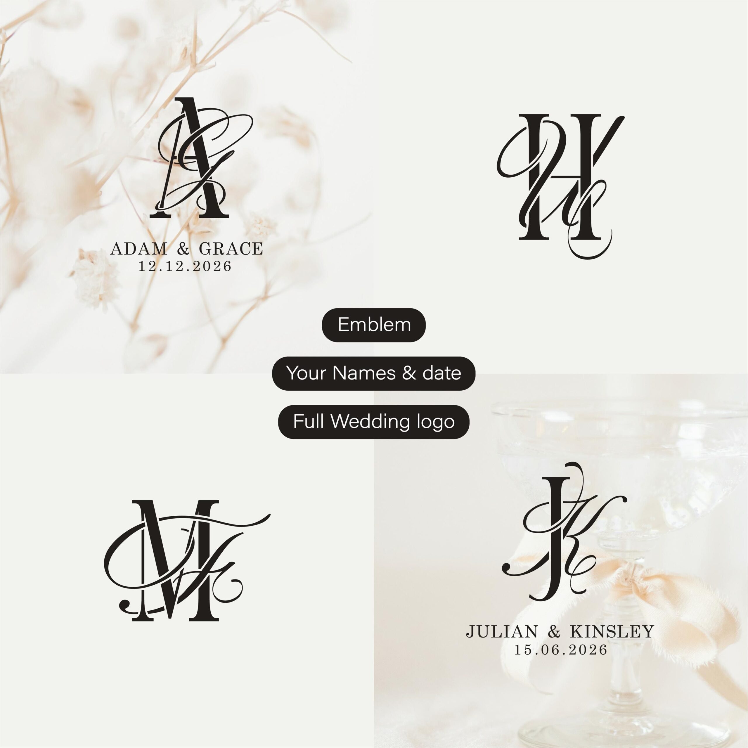 Logo de mariage personnalisé avec initiales, monogramme de mariage personnalisable, logo de couple de mariés, conception de logo numérique, logo de mariage.