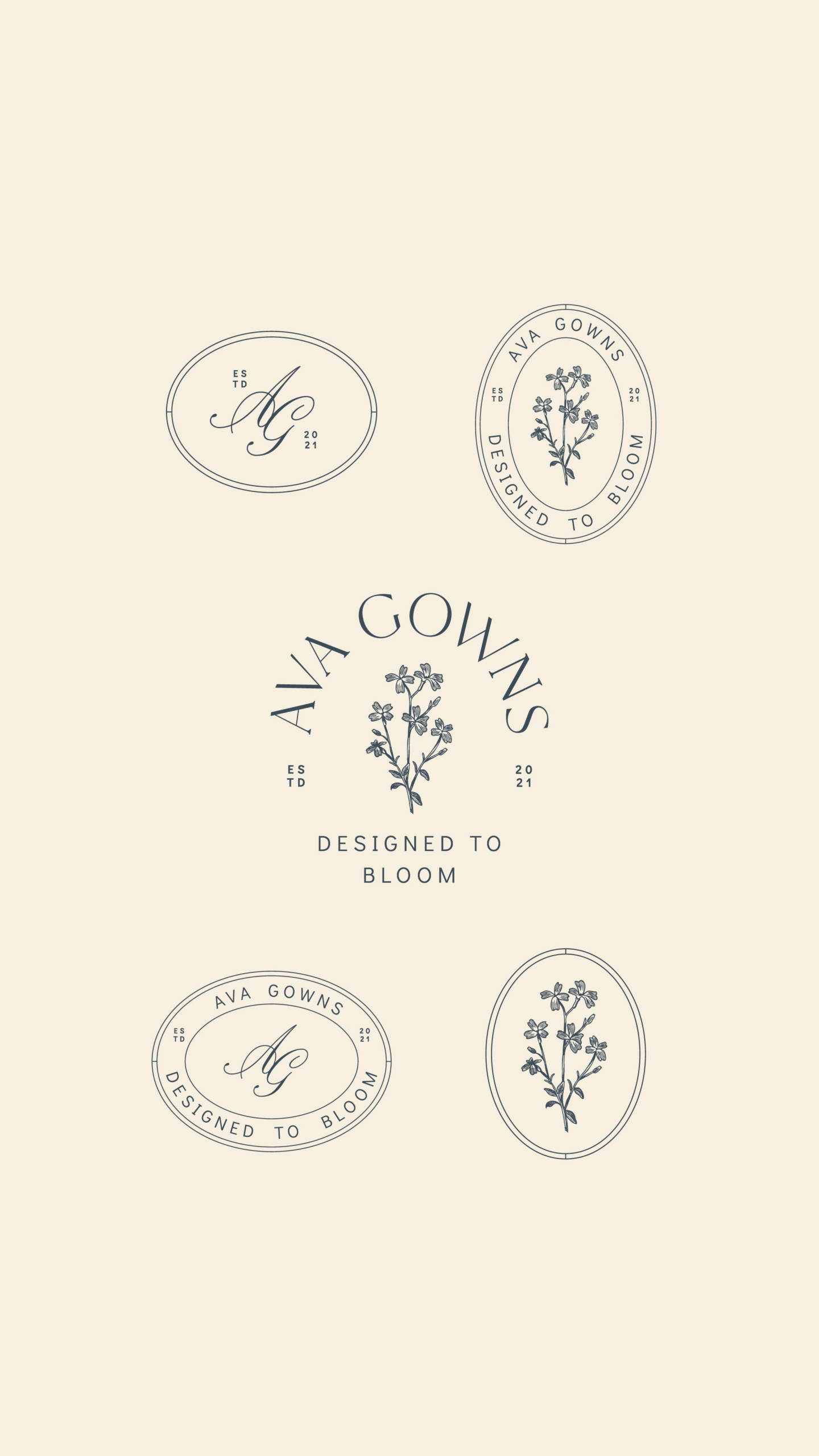 Vintage, dreamy floral logo and monogram design for a whimsical clothing brand. Ava Gowns