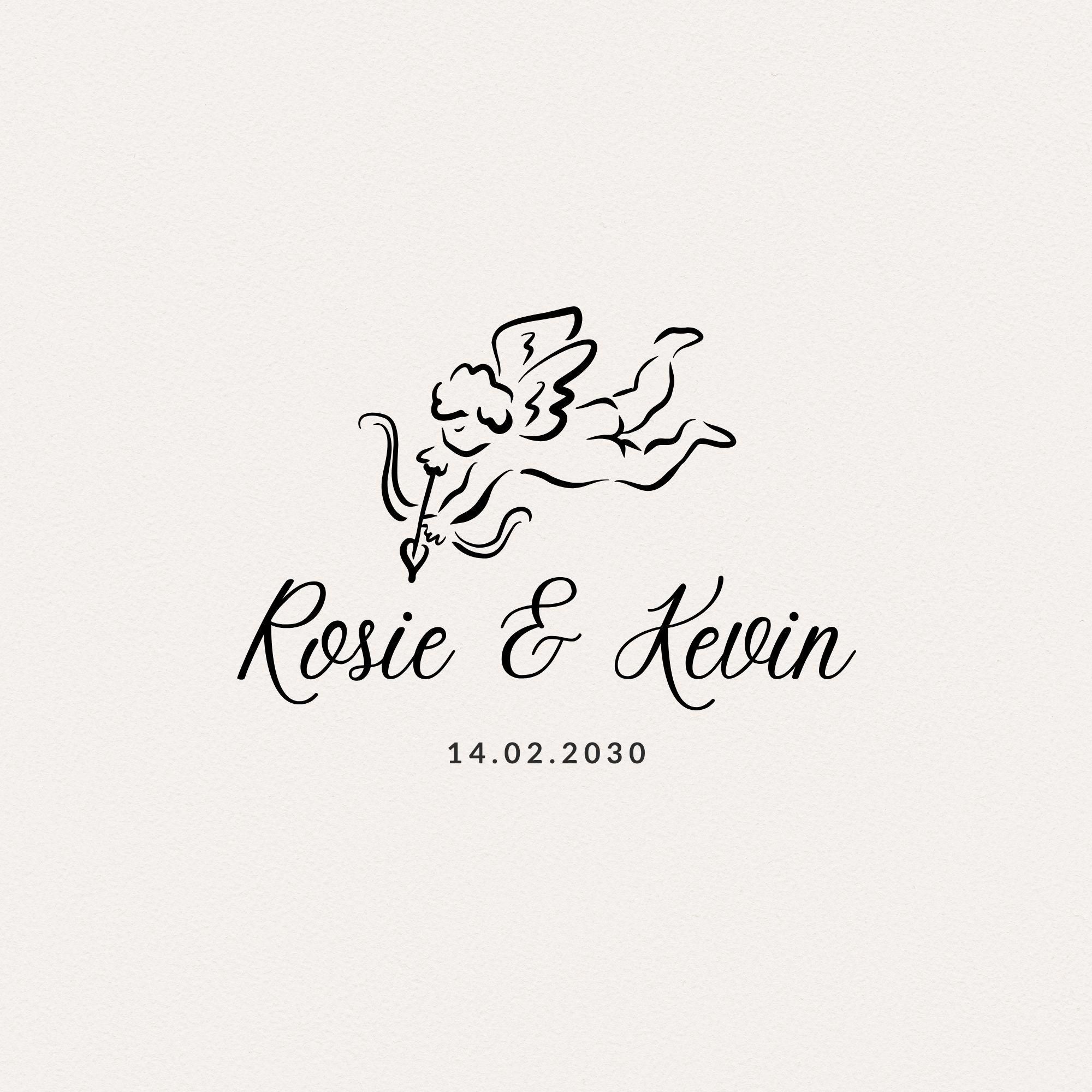 Logo de mariage avec Cupidon — monogramme ange vintage en calligraphie, date personnalisée pour une image de marque et une papeterie de mariage fantaisistes