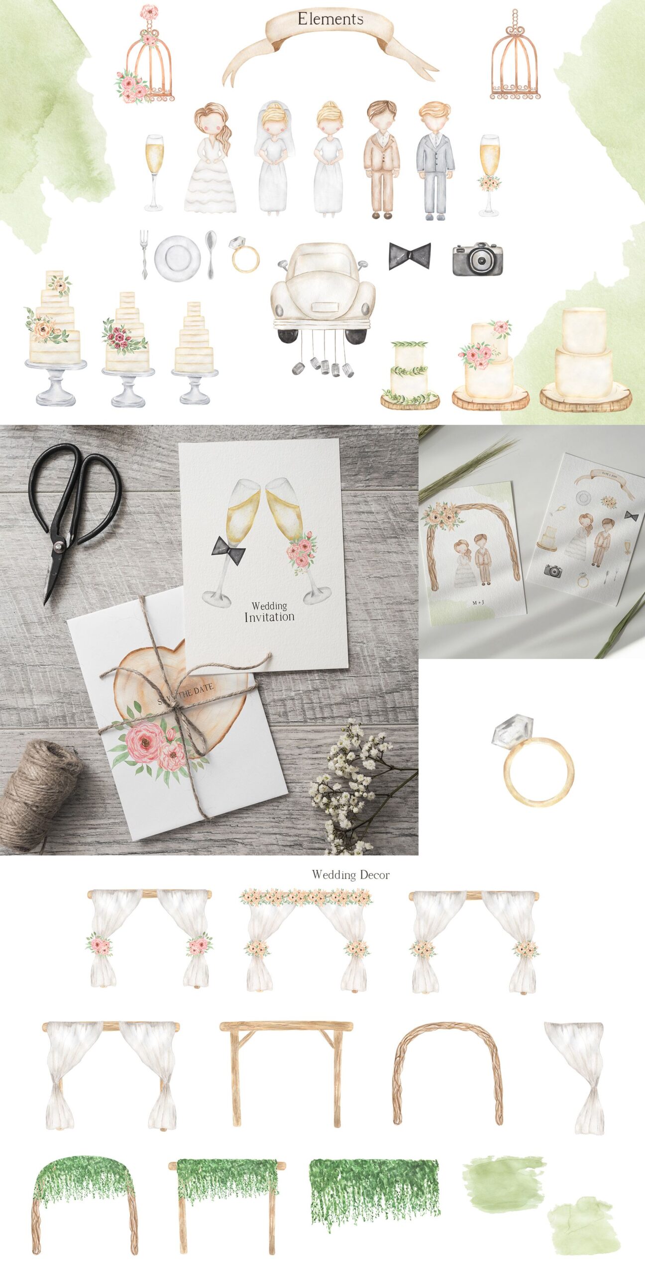 Bride, Groom Wedding Clipart, Watercolor Wedding Cake, Wedding Car Clip art, Beige Florals, Save