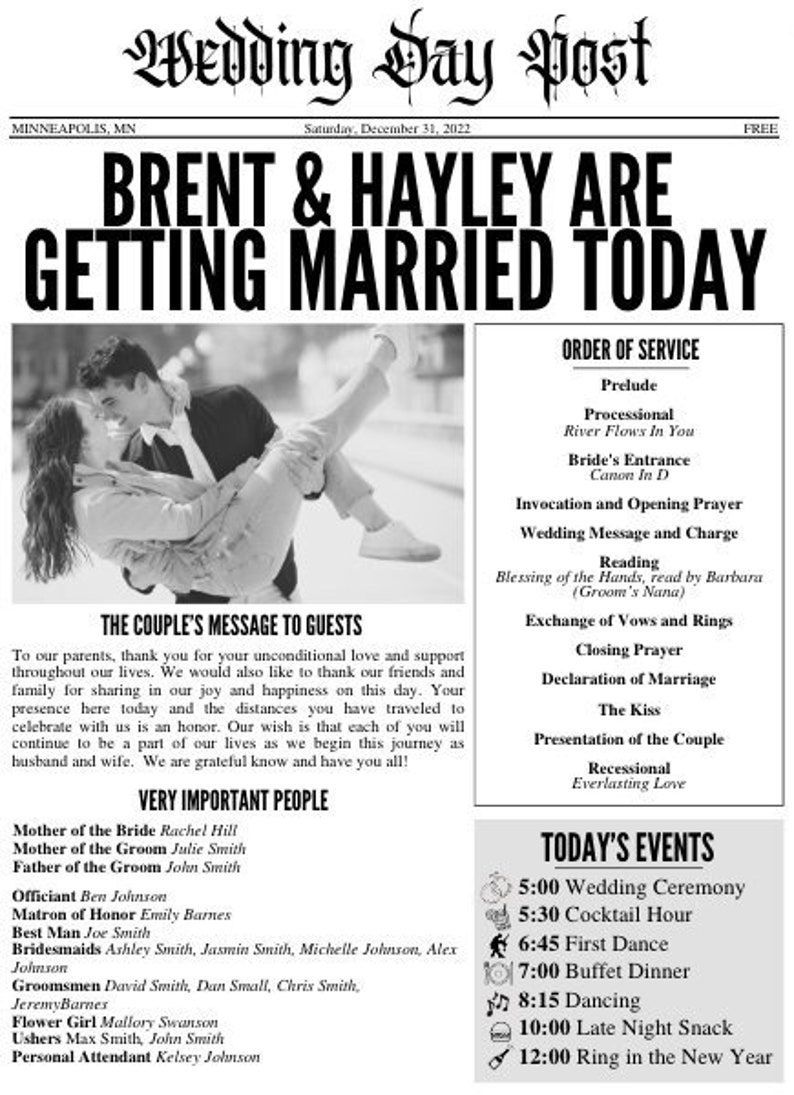 Elegant Wedding Day Newspaper Program Template for Your Special Day