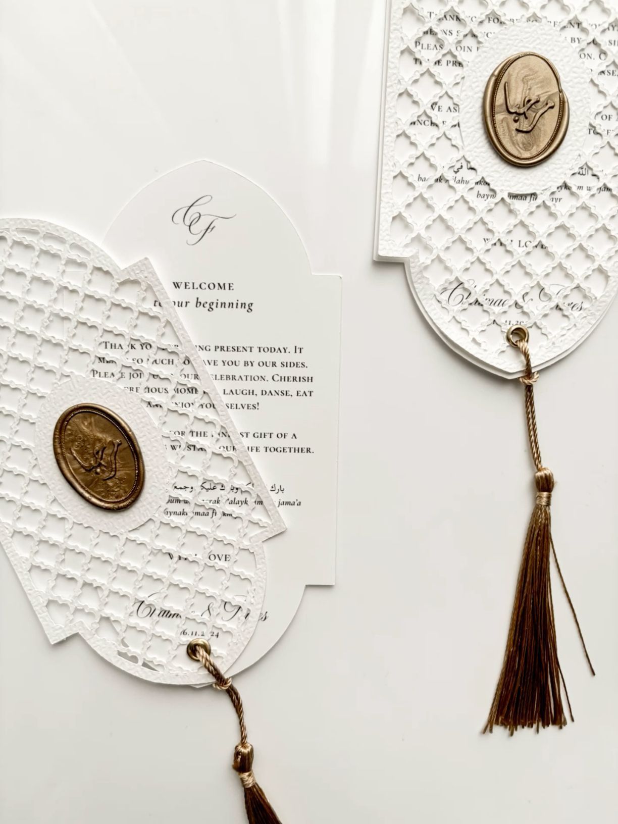 Moroccan inspired white wedding thank you cards gold wax seal tassle