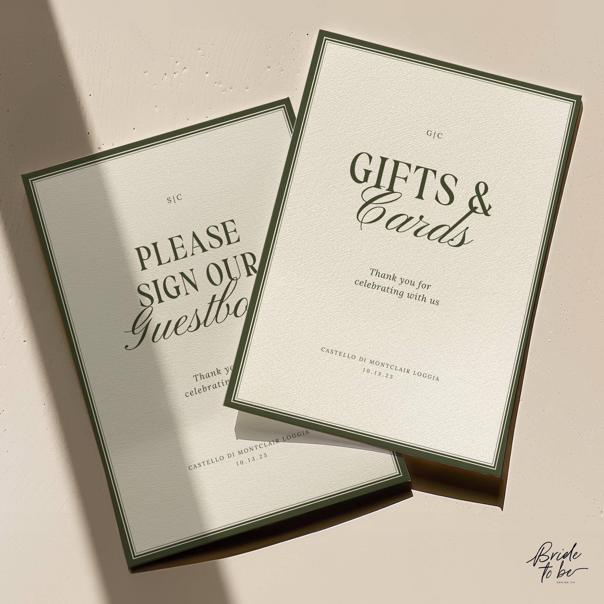 Old Money Olive Green Guestbook Sign + Cards & Gifts Signs, Editable Canva Template Wedding Table Sign Set