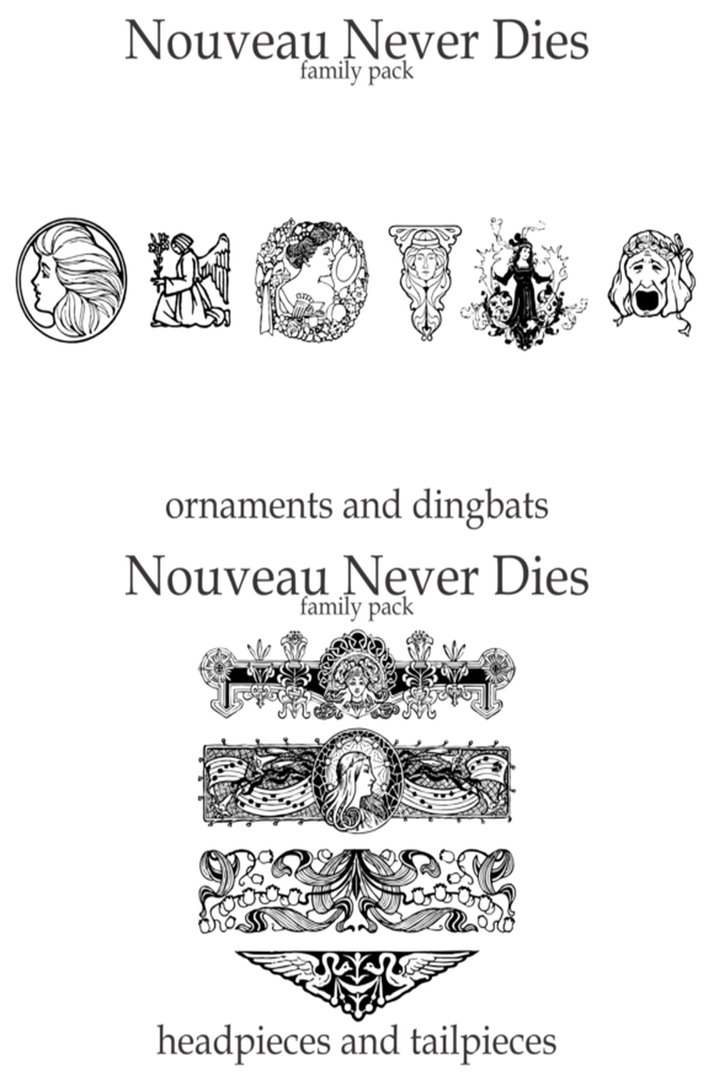 Nouveau Never Dies Family Font: Unique Decorative Dingbat Illustrations