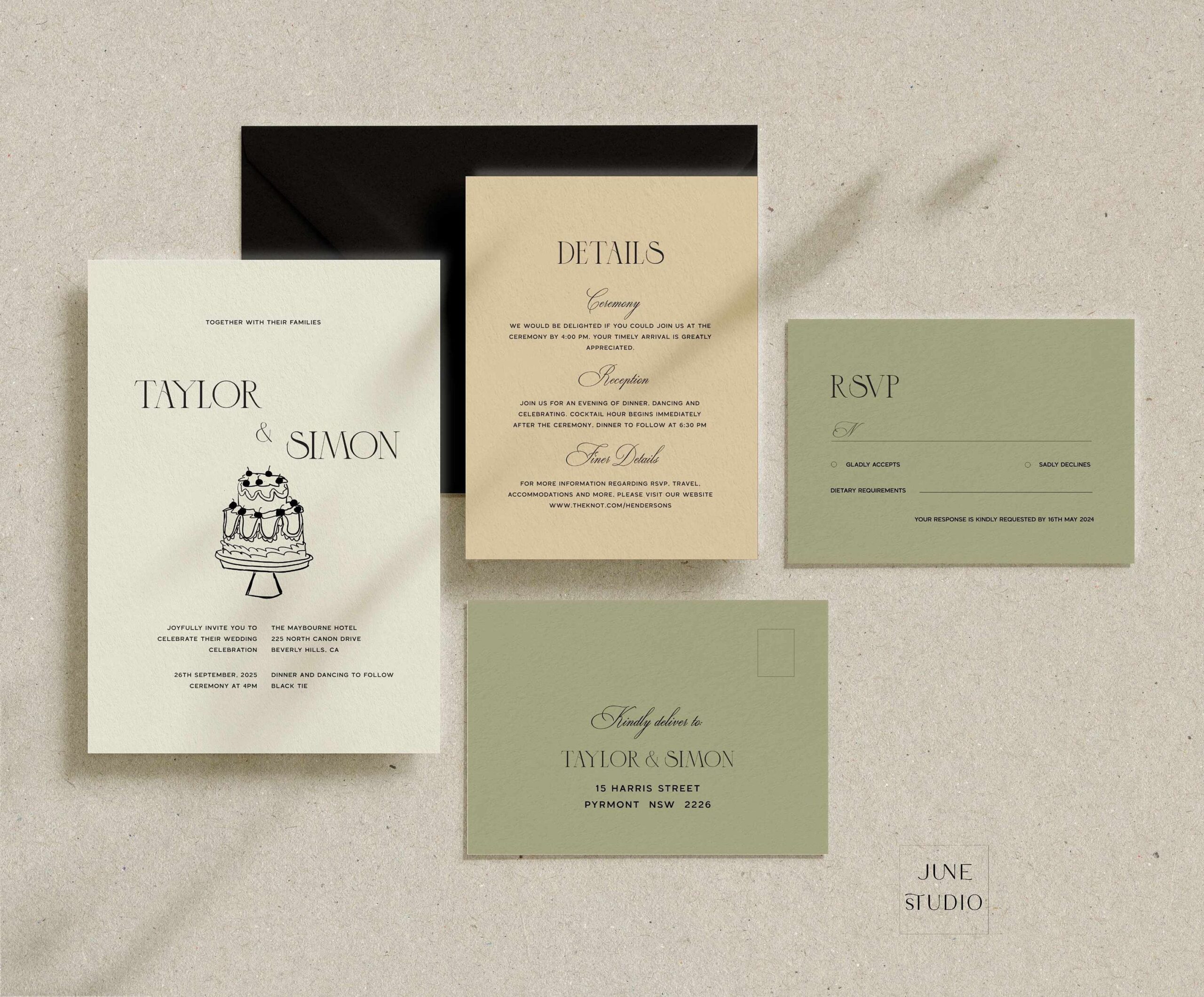 Modèle de suite de faire-part de mariage gâteau vintage : Faire-part de mariage rétro moderne vieil argent (imprimable, modifiable)