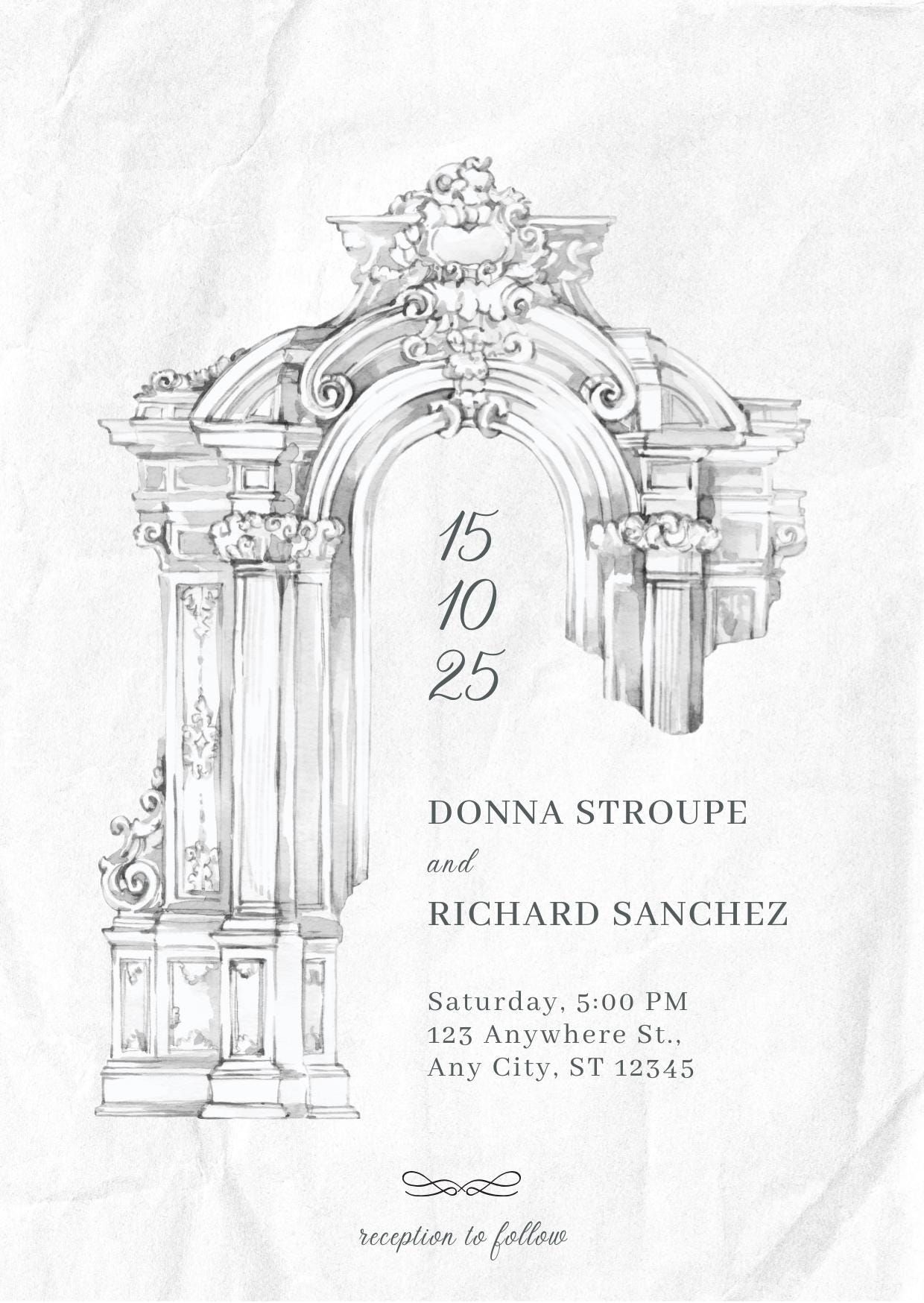 Faire-part de mariage arche d’église élégante — modèle sur toile texturée blanche | Téléchargement numérique modifiable